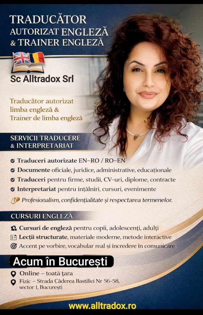 Traducări autorizate și cursuri de engleză – The English Studio by Alltradox, Sector 1, București La The English Studio by Alltradox, oferim traduceri autorizate București și cursuri engleză București, adaptate nevoilor reale ale fiecărui client. Fie că ai nevoie de documente oficiale, CV-uri, contracte sau materiale business, traducem cu atenție la detalii și impact, astfel încât mesajul tău să fie clar, natural și corect din punct de vedere legal. Oferim și cursuri de engleză personalizate, în sector 1, București, pentru a dezvolta încrederea și fluența în vorbire, atât în contexte profesionale, cât și personale. Serviciile noastre includ: Traduceri autorizate București: documente oficiale, contracte, certificate Traduceri business și materiale corporate Traduceri CV și scrisori de intenție pentru joburi internaționale Traduceri și localizare site-uri, optimizate SEO Revizuire și corectură profesională Cursuri engleză București, adaptate nivelului și obiectivelor tale Alegând The English Studio by Alltradox, beneficiezi de servicii care garantează rezultate reale: texte corecte, clare și ușor de folosit, plus cursuri de engleză care te ajută să comunici cu încredere. 📩 Contactează-ne azi și descoperă cum traducerile autorizate și cursurile de engleză în sector 1, București, te pot ajuta să obții rezultate concrete.